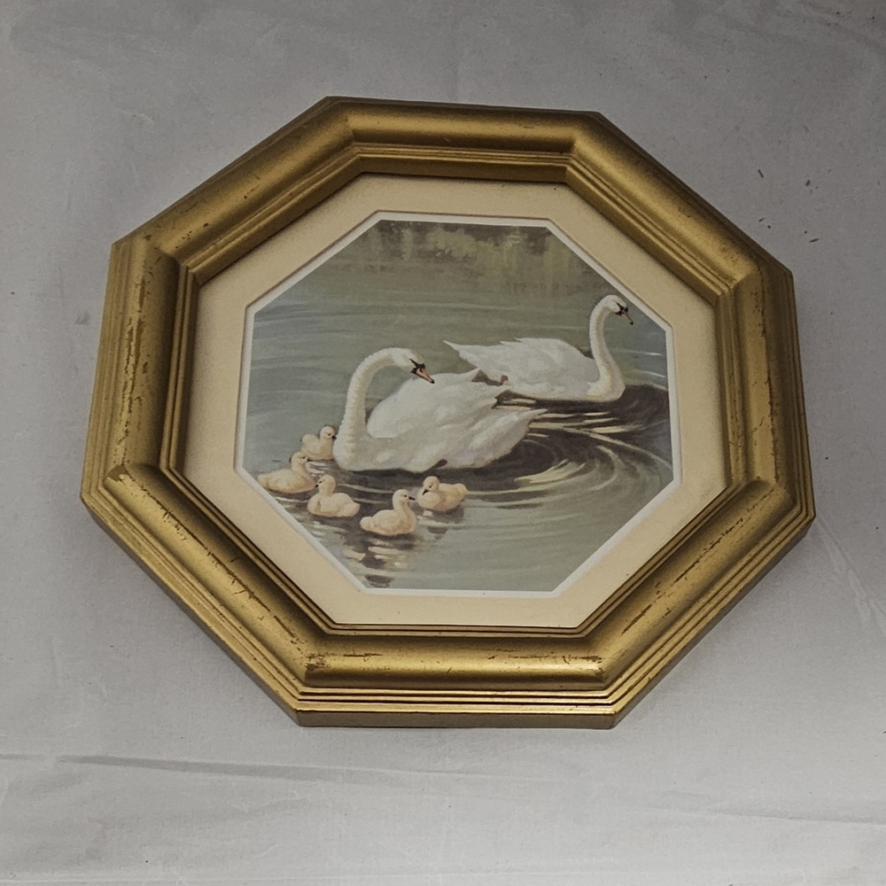 Octagonal Gold Framed Swan Print Home Interiors